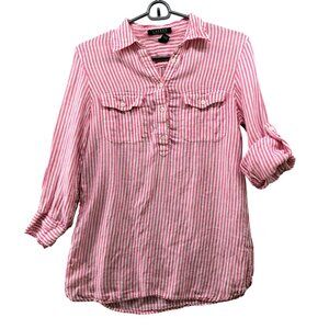 Lauren Ralph Lauren 100% Linen Popover Top Womens XS Pink White Stripe Roll Tab